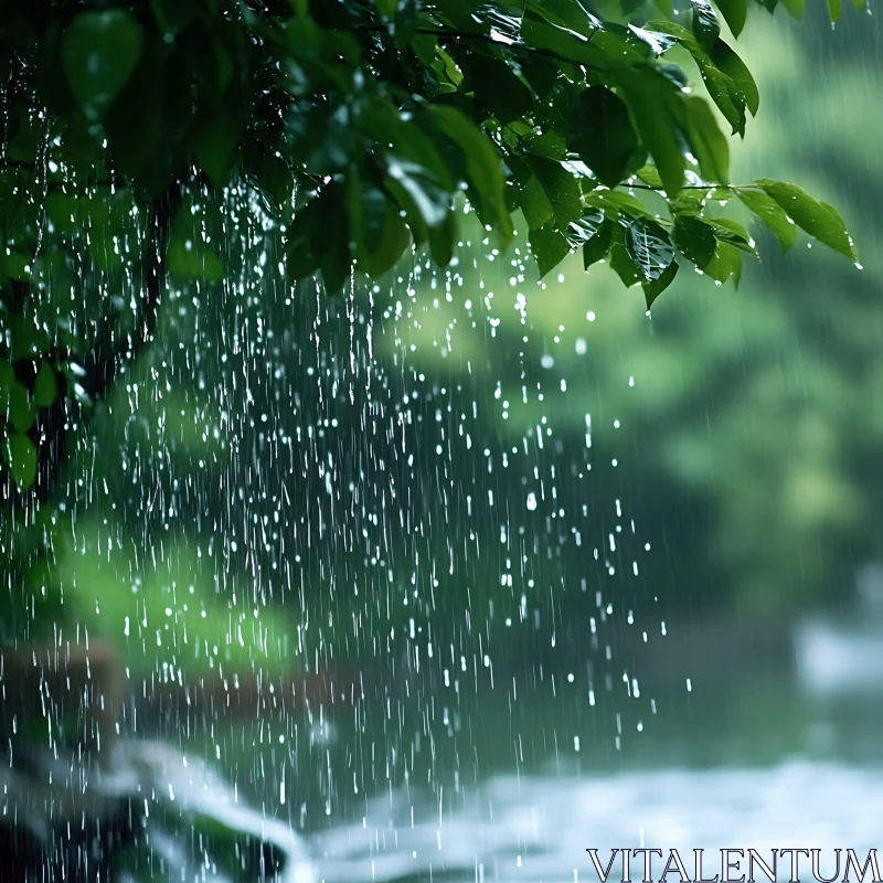 Tranquil Rain Drops on Green Foliage AI Image