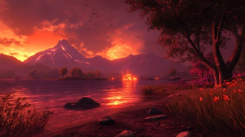 Fiery Mountain Lake Sunset