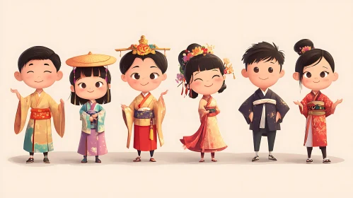 Cartoon Kids in Colorful Asian Costumes