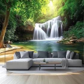 Serene Living Room Overlooking Lush Waterfall