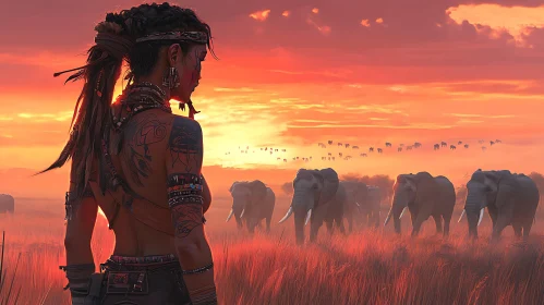 Tribal Woman Watching Elephants at Sunset