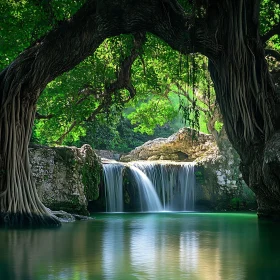 Serene Waterfall amidst Towering Trees