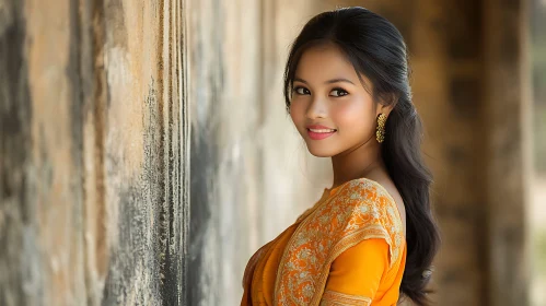 Serene Portrait of Woman in Orange Saree