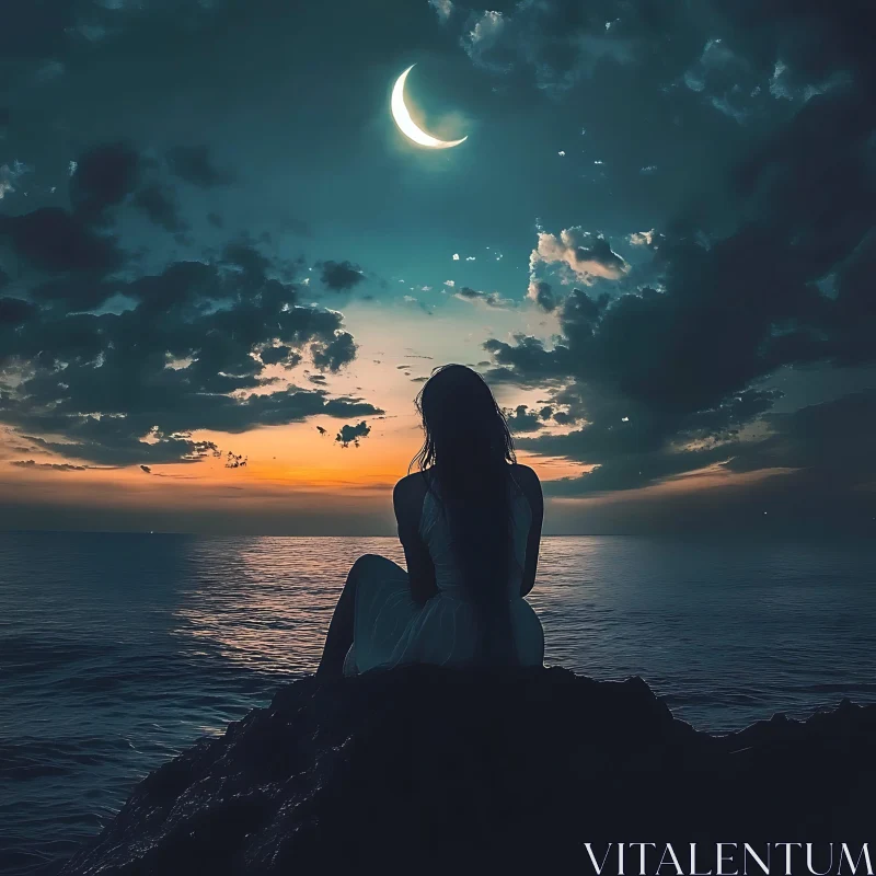 AI ART Moonlit Ocean View with Silhouette
