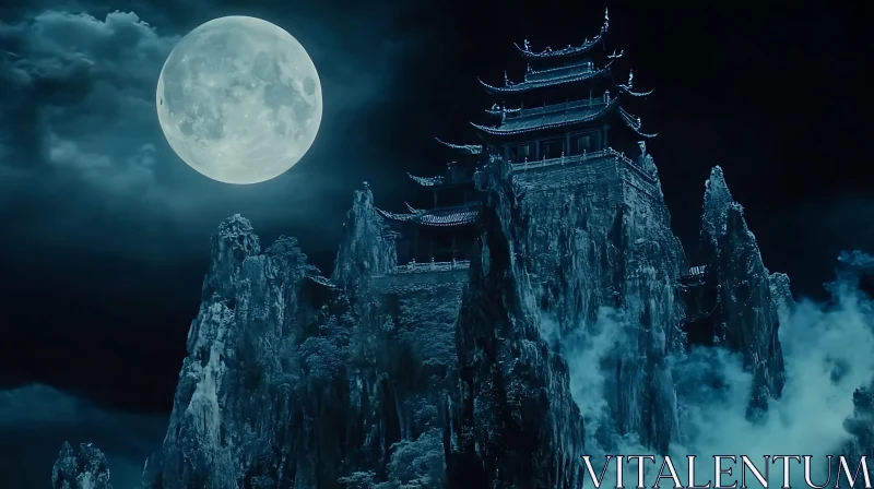 Mountain Pagoda Under the Moon AI Image