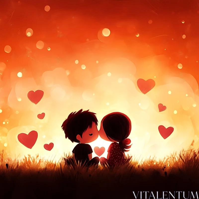 Sweet Cartoon Couple Kissing at Sunset AI Image