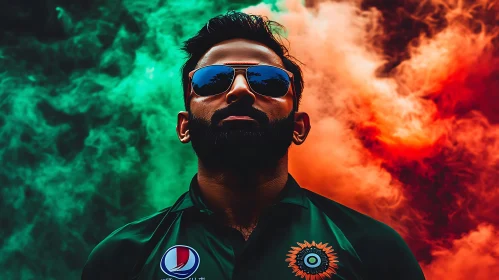 Man in Sunglasses with Colorful Smoke