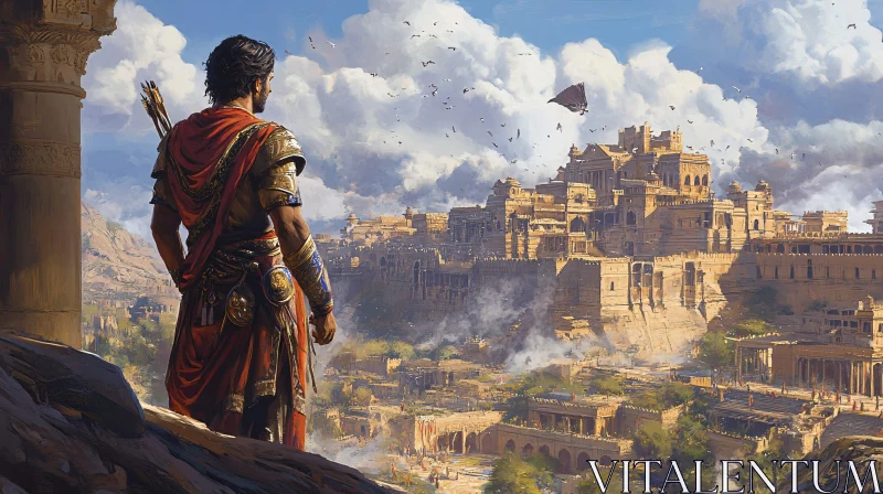 Warrior Overlooking Ancient Kingdom AI Image