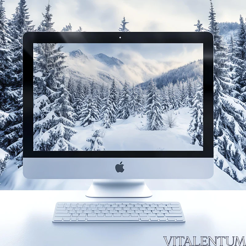 Snowy Mountains and Forest on Screen AI Image