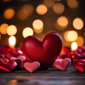 Hearts on Wood with Bokeh Lights