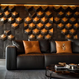 Contemporary Interior with Leather Sofa and Geometric Wall Patterns