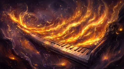 Fiery Grand Piano in a Cosmic Scene