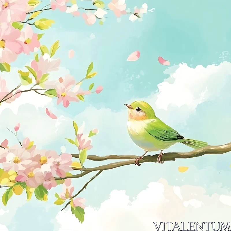 AI ART Green Bird and Pink Blossoms Art