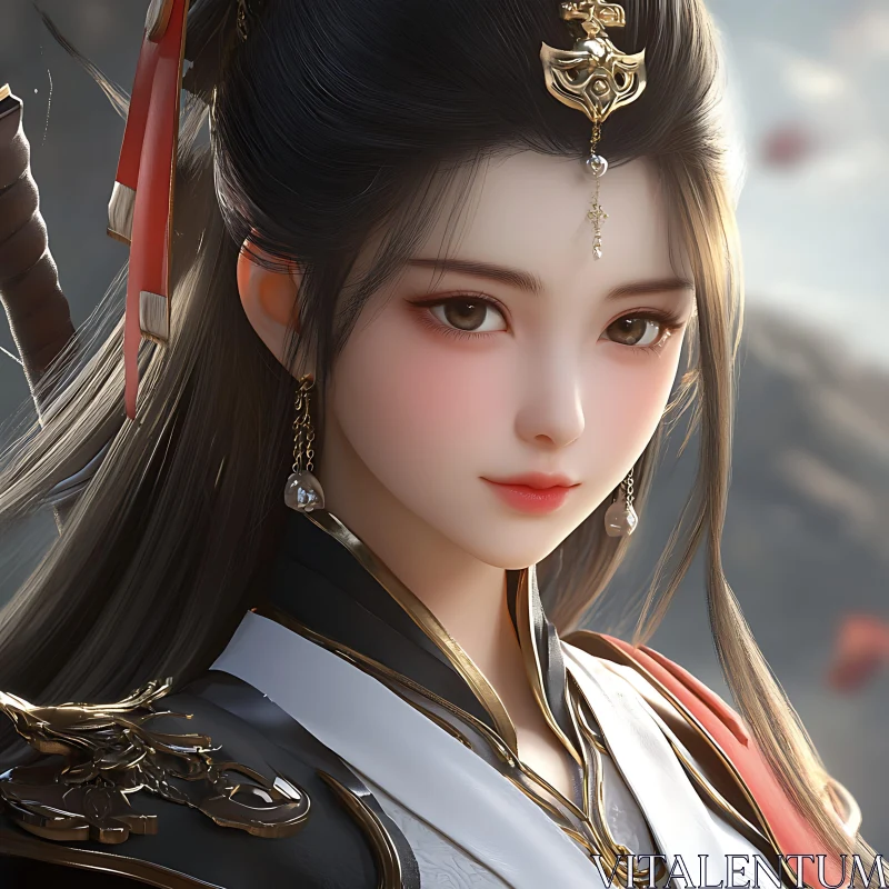 Elegant Anime Woman with Gold Ornament AI Image