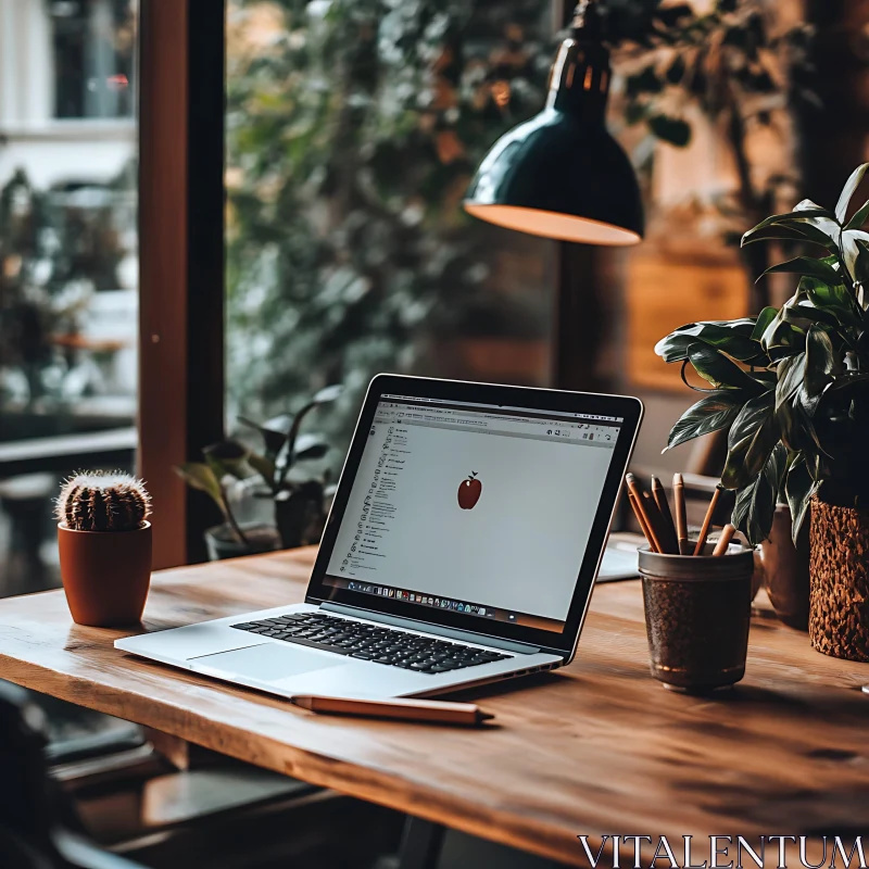 Tranquil Home Office with Wooden Desk and Greenery AI Image