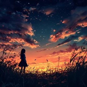 Evening Silhouette: Girl in Field at Sunset