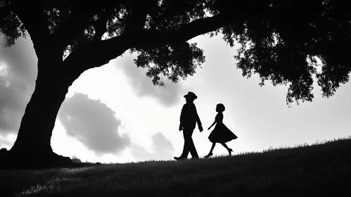 Monochrome Couple Silhouette Under Tree