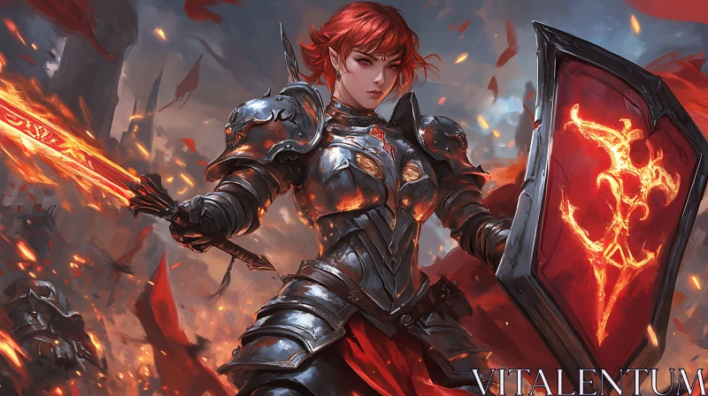 AI ART Red-haired Warrior with Sword and Shield