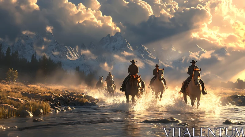 Cowboys on Horses Crossing River at Sunset AI Image