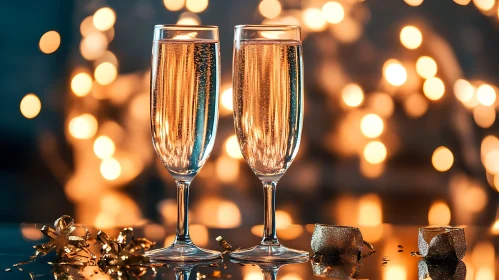 Festive Champagne Glasses with Bokeh Lights