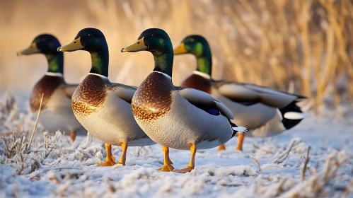 Four Mallard Ducks in Snowy Field