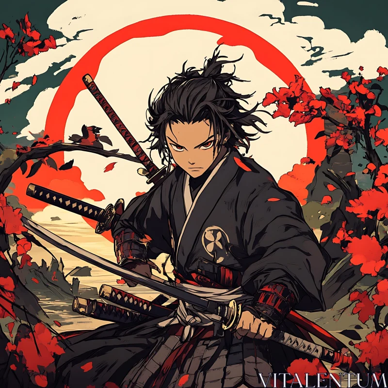 Japanese Warrior with Swords and Blossoms AI Image