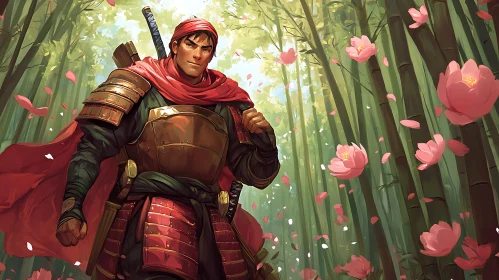 Samurai among pink flowers