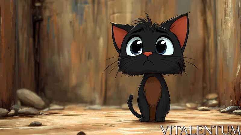 Charming Animated Black Cat in Wooden Setting AI Image