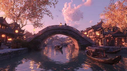 Tranquil Asian Town with River and Bridge