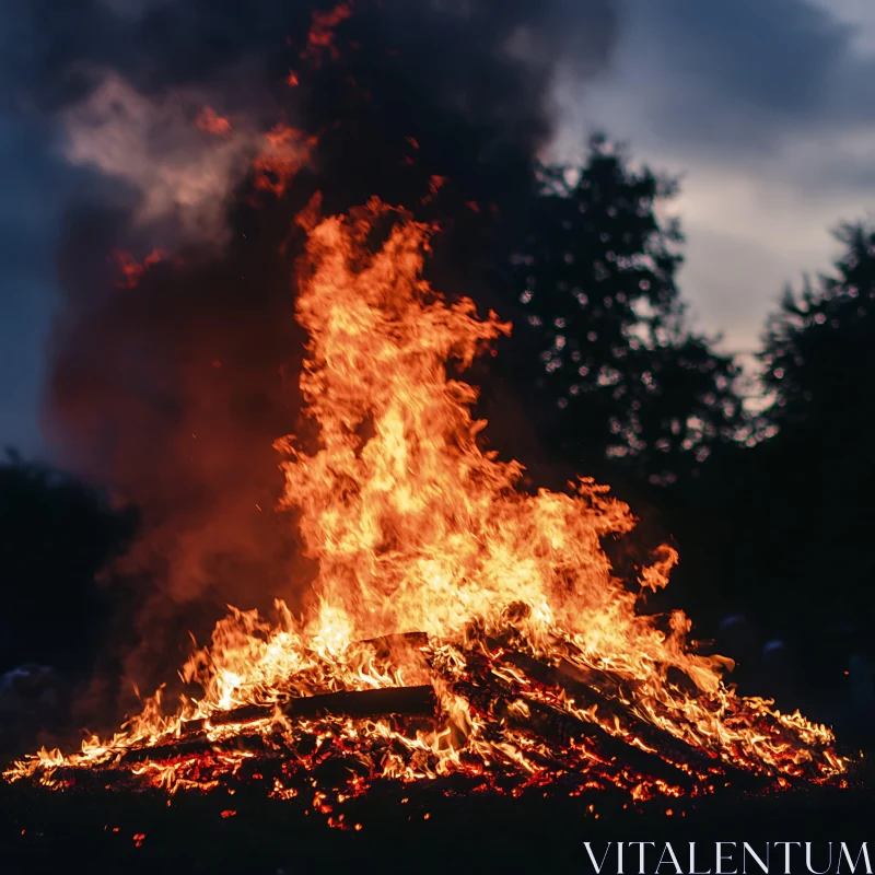 AI ART Nighttime Blaze with Towering Flames