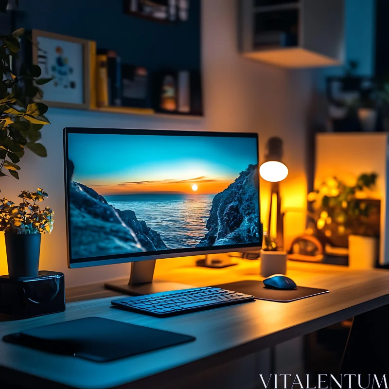 Cozy Home Office with Sunset View on Monitor AI Image