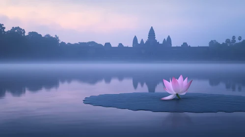 Serene Lotus and Temple Landscape