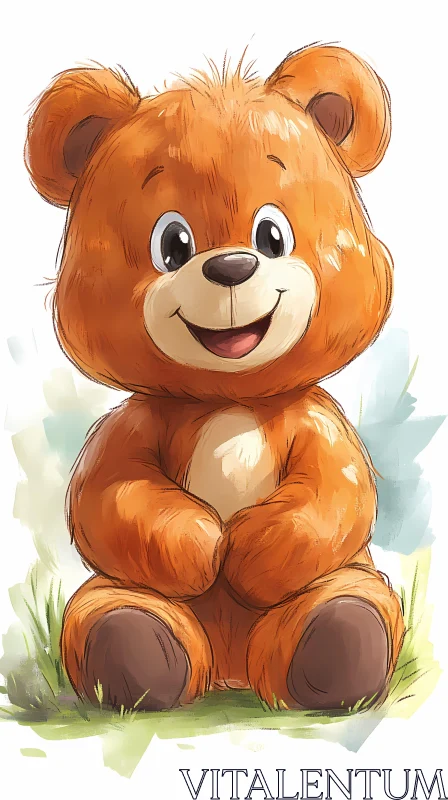 Smiling Cartoon Bear on Grass AI Image