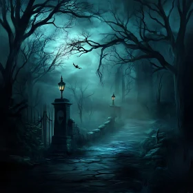 Gloomy Forest Path at Night