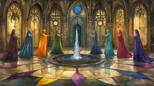 Colorful Robes Around Fountain Art