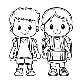 Two Cartoon Kids with Backpacks Line Art