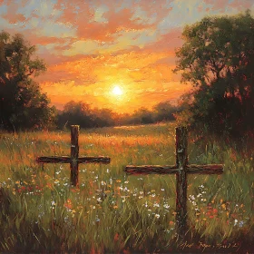 Crosses in Field at Sunset