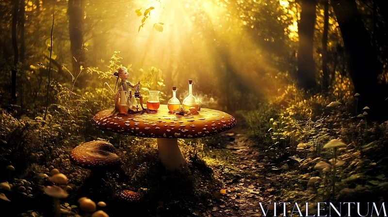 AI ART Sunlit Mushroom Table in Forest