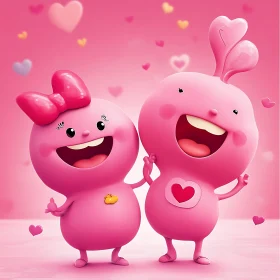 Pink Cartoon Characters Celebrating Love