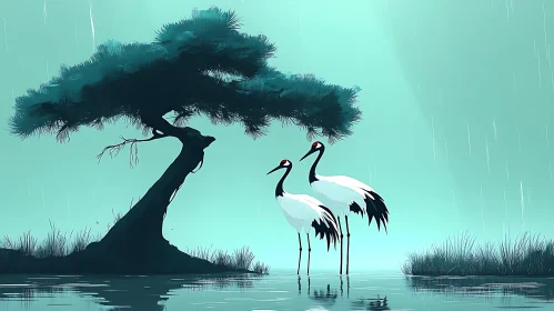 Cranes under the weeping tree in the rain