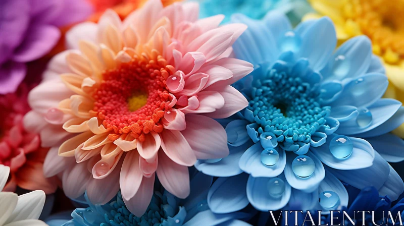 Close-Up Capture of Multicolored Flowers with Water Drops AI Image