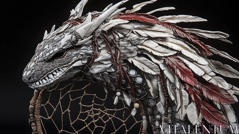 AI ART Dragon Sculpture with Feathers and Dreamcatcher