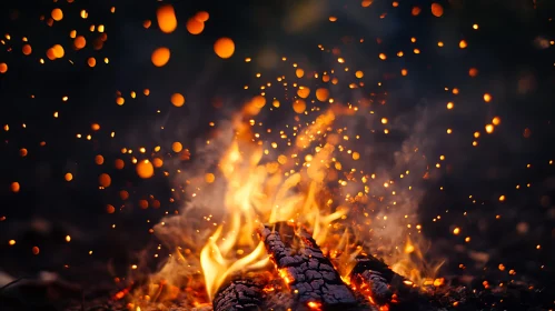 Close-Up of a Campfire with Sparks and Ash
