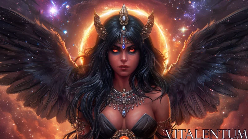 Majestic Digital Painting of a Woman with Black Wings AI Image