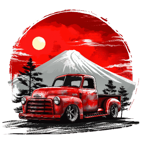 Red Pickup Truck and Mountain Sunset Road Scene POD Design