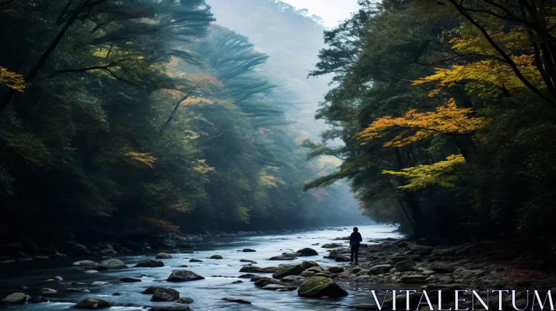Serene Autumn Landscape with Man by the River AI Image