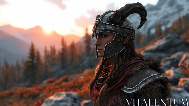 Stunning Portrait of a Woman in a Horned Viking Helmet AI Image