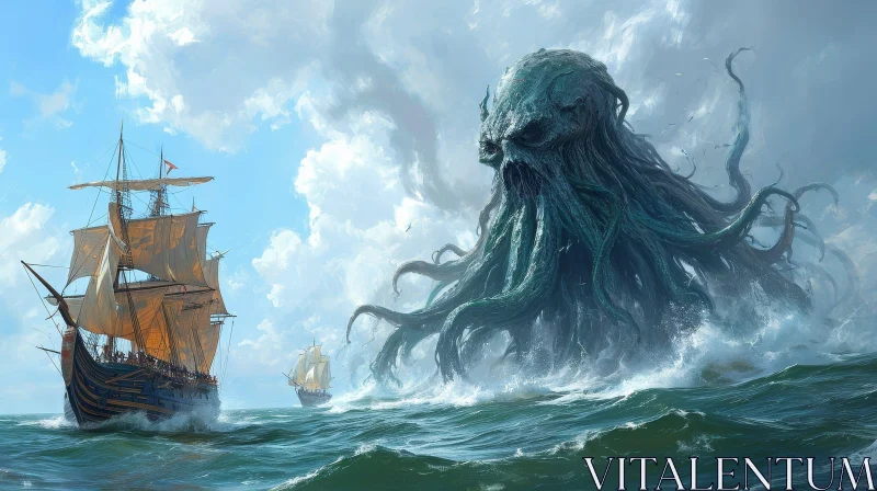 Terrifying Sea Monster Attacks Ship - Digital Painting AI Image