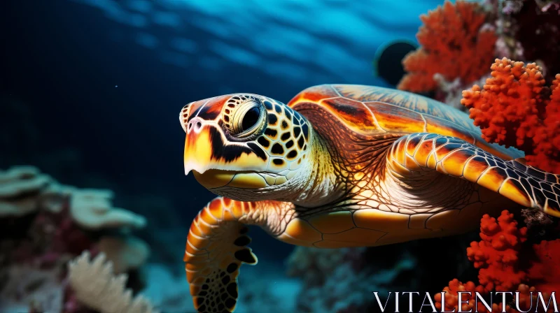 Turtle Swimming Among Vibrant Corals - Close-Up Ocean Image AI Image