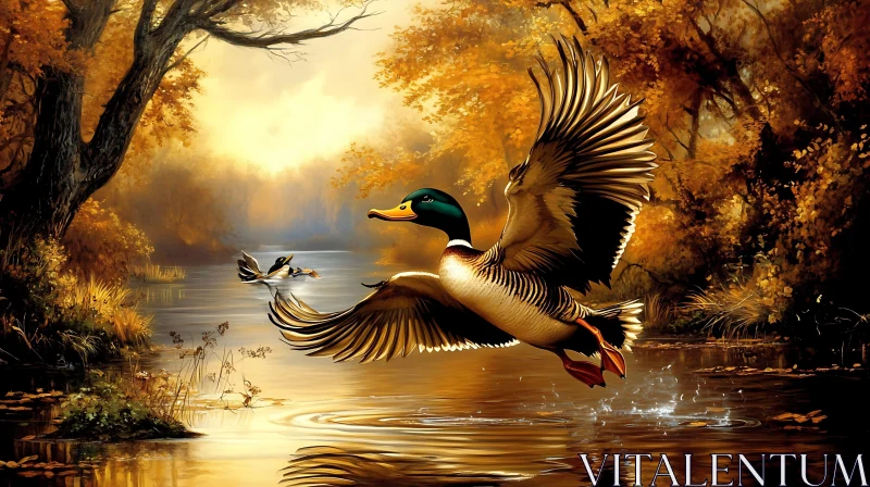 Waterfowl Taking Off in Autumnal Setting AI Image